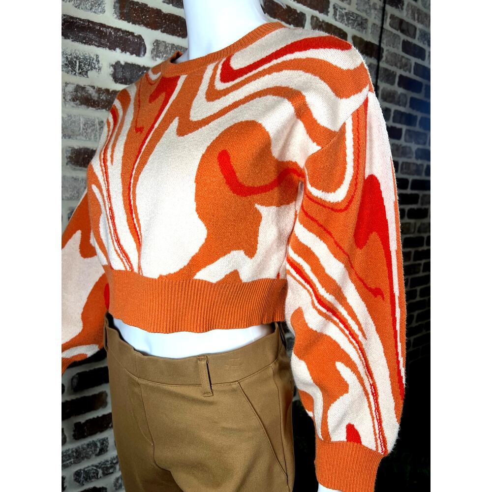Altar'd State Cropped Balloon Sleeve Orange/Cream Marble Swirl Preppy Women's S
